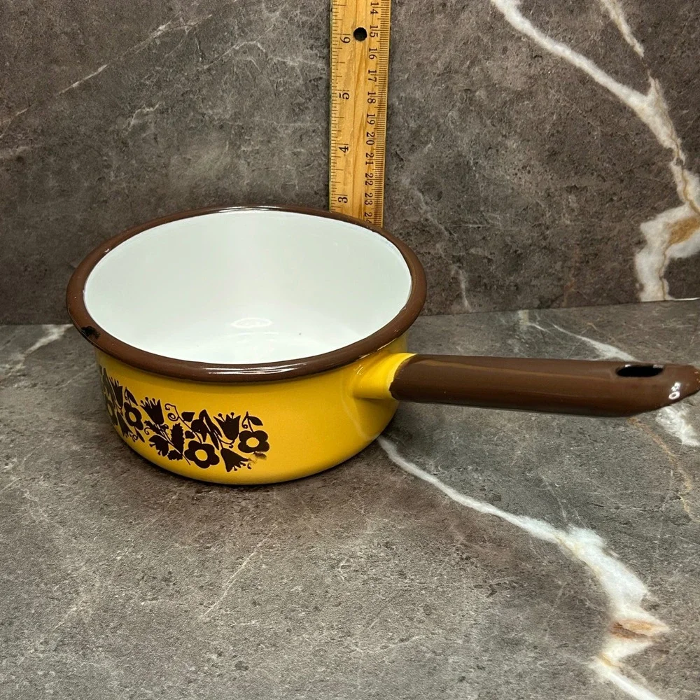 Vintage Yellow Enamelware Saucepan Brown Floral Pattern Retro Kitchen Pot 6 Inch